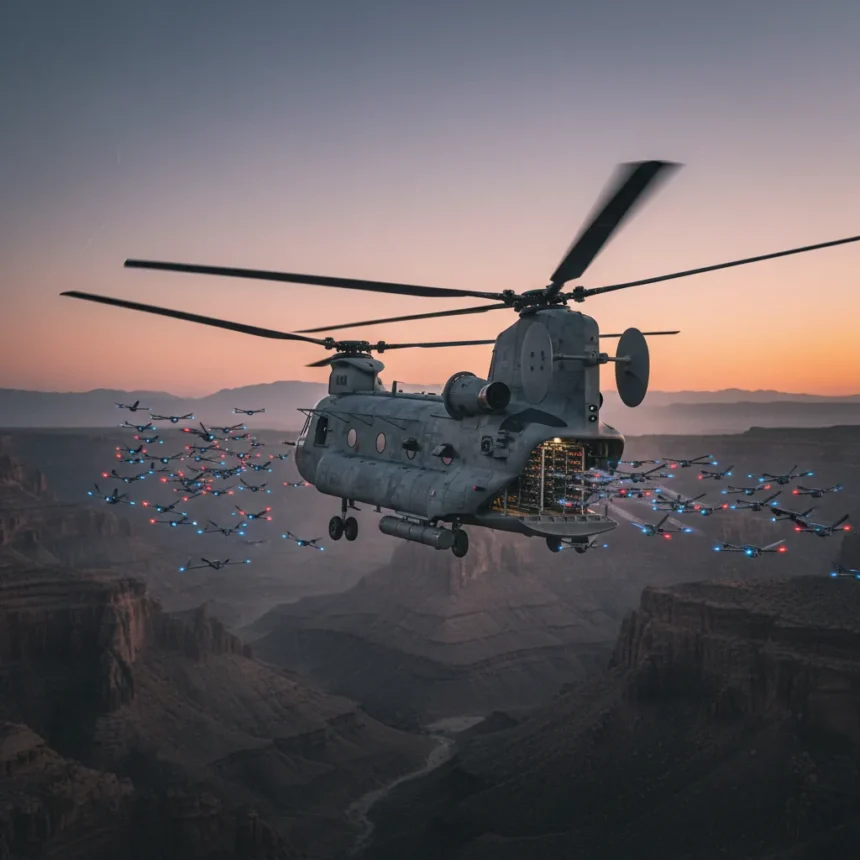 CH-47 Chinook drone swarm mothership transforms warfare — AI-generated illustration