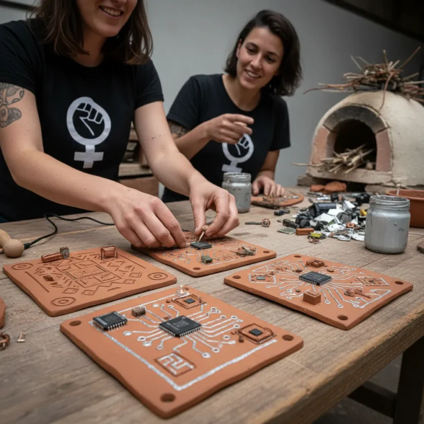 Clay PCBs with prehistoric firing challenge electronics waste — AI-generated illustration