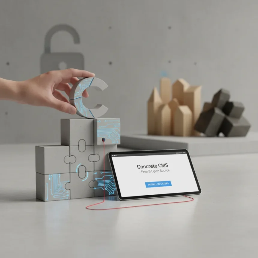 Concrete CMS offers free, open-source installation without the complexity — AI-generated illustration