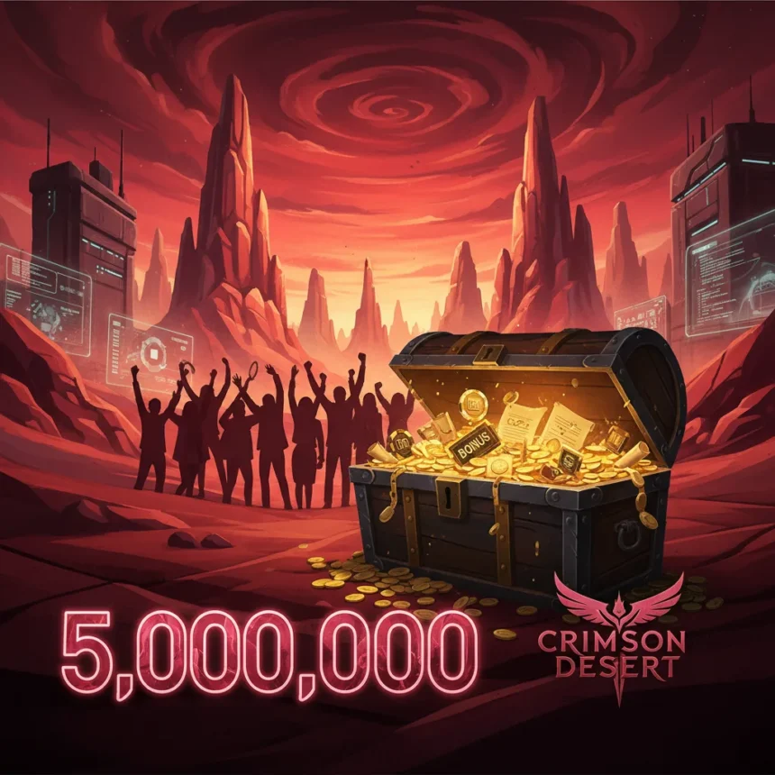 Crimson Desert hits 5 million sales, Pearl Abyss rewards staff — AI-generated illustration