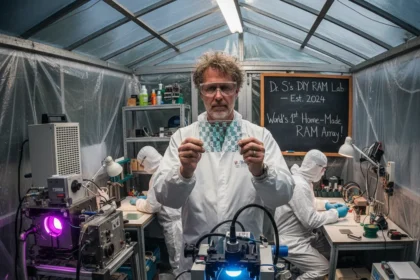 DIY Semiconductor Maker Fabricates RAM in Garden Shed — AI-generated illustration