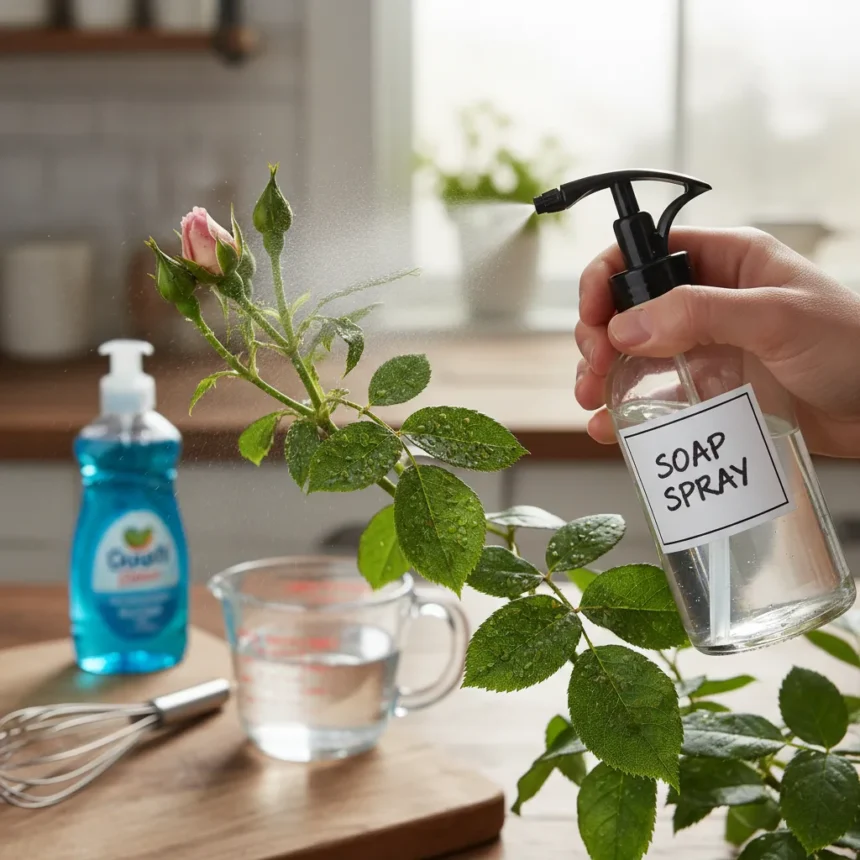 DIY soap spray keeps aphids off roses without chemicals — AI-generated illustration