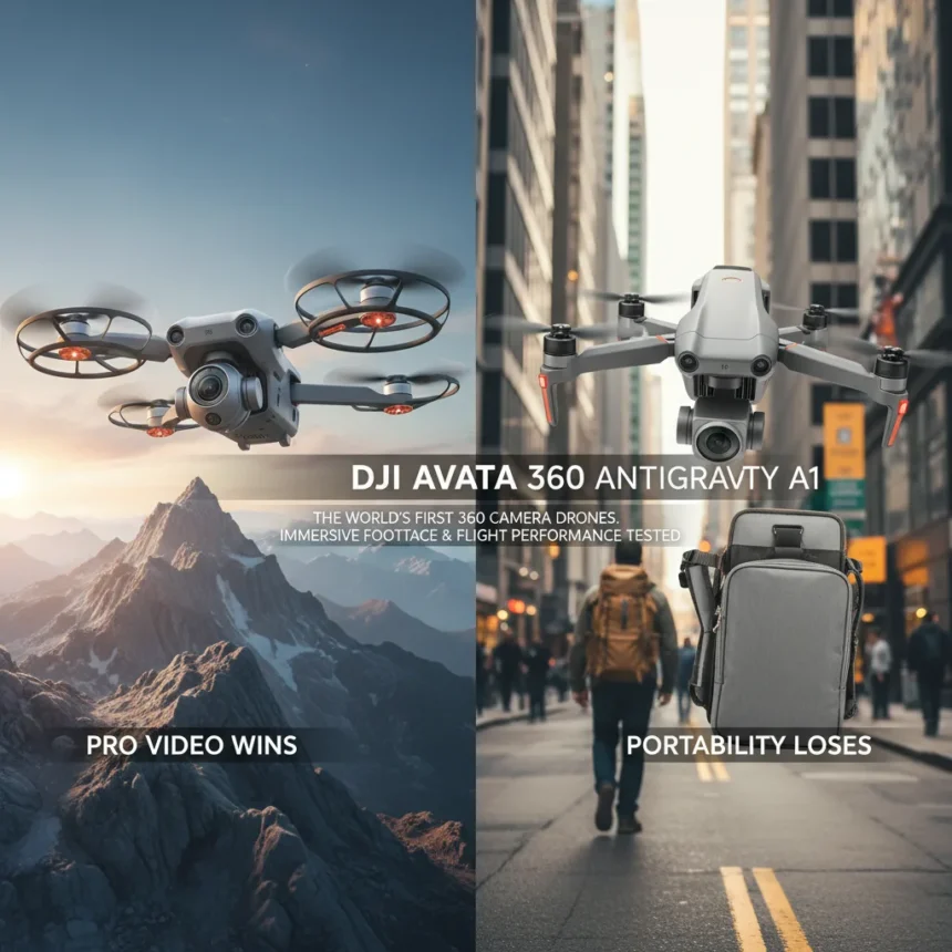 DJI Avata 360 vs Antigravity A1: Pro video wins, portability loses — AI-generated illustration