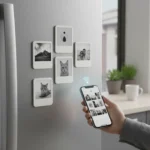 E Ink fridge magnets display photos you control from your phone — AI-generated illustration