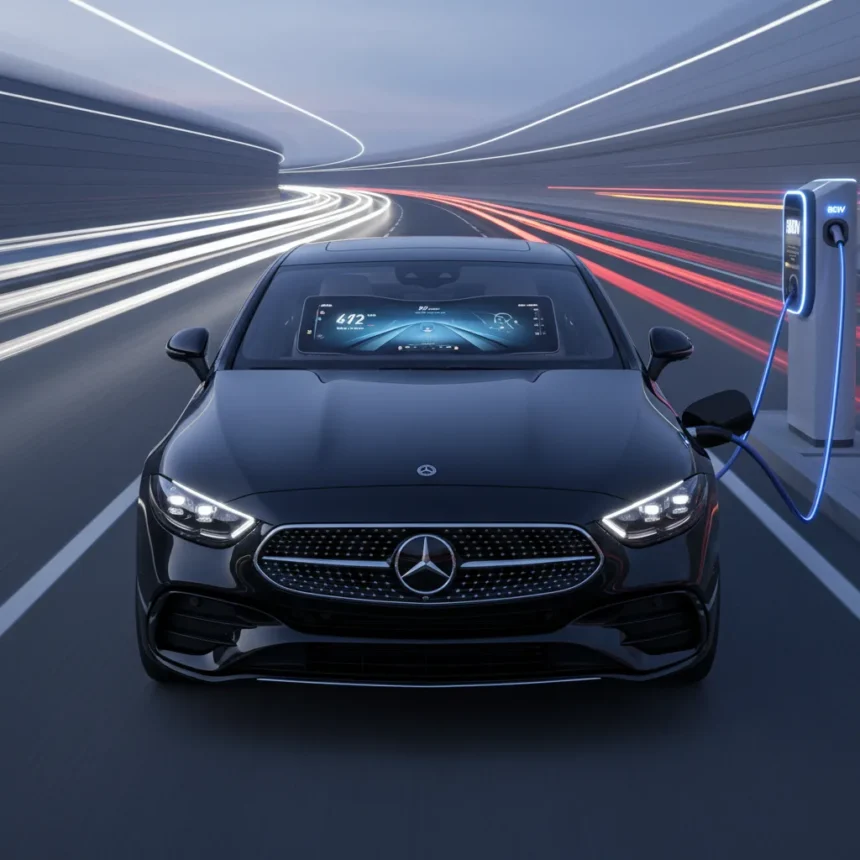 Electric Mercedes C-Class arrives with 472-mile range and mega-screen — AI-generated illustration