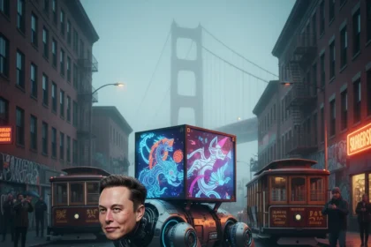 Elon Musk robot dog prowls San Francisco streets for art — AI-generated illustration