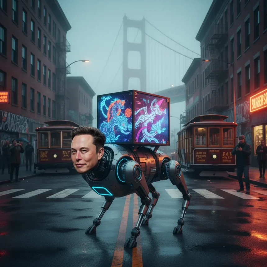 Elon Musk robot dog prowls San Francisco streets for art — AI-generated illustration