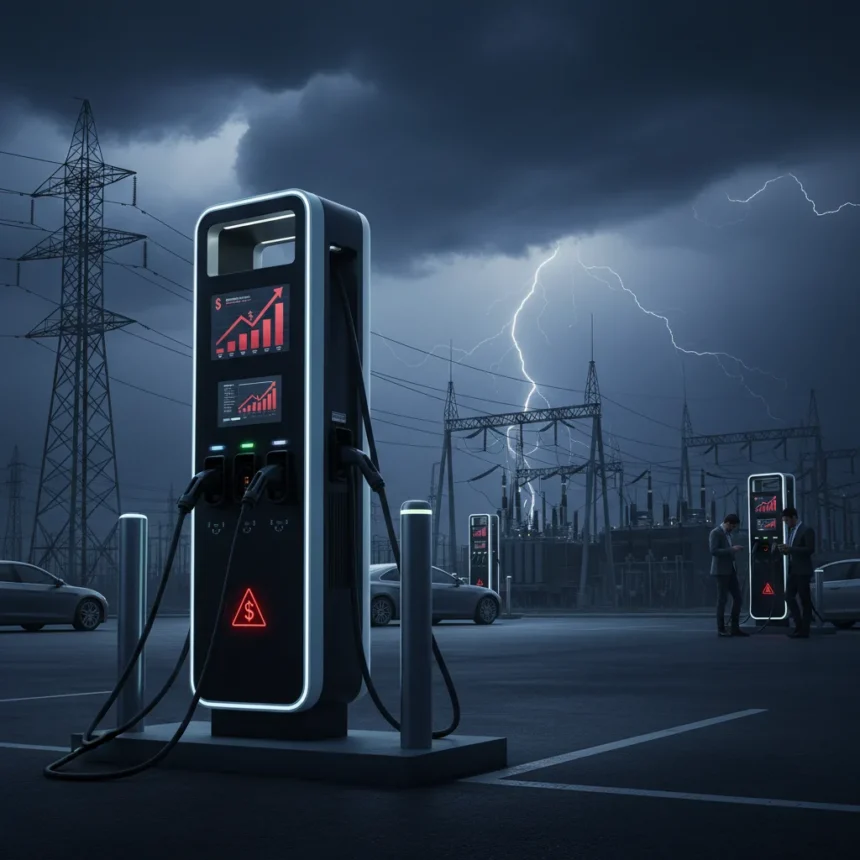 EV charging prices surge as networks pay for unused grid capacity — AI-generated illustration
