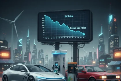 EV prices finally beat petrol cars in historic shift — AI-generated illustration