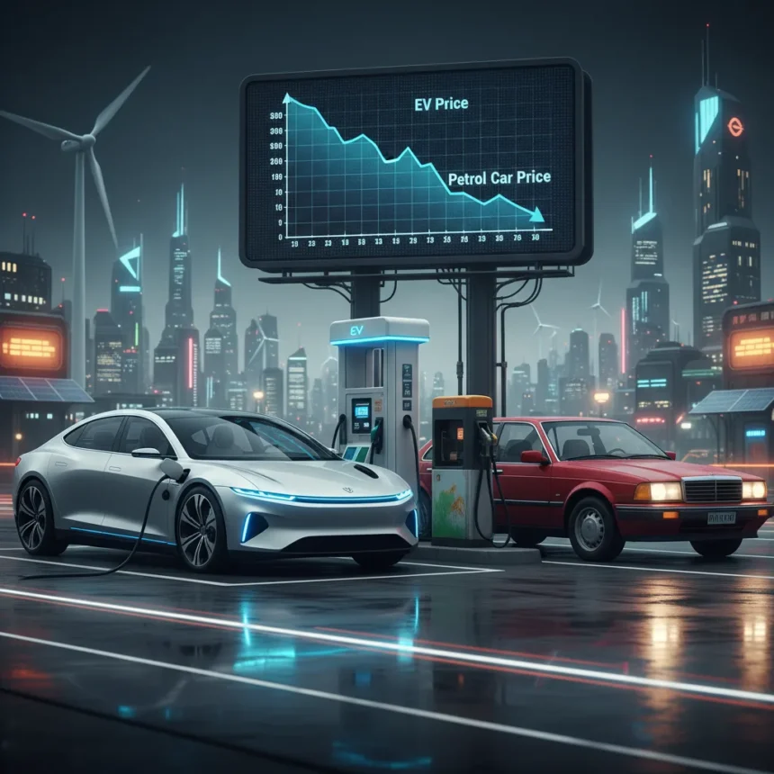 EV prices finally beat petrol cars in historic shift — AI-generated illustration