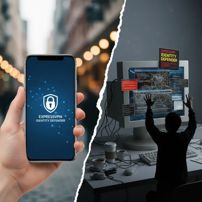ExpressVPN Identity Defender: Mobile Marvel, Desktop Disaster — AI-generated illustration