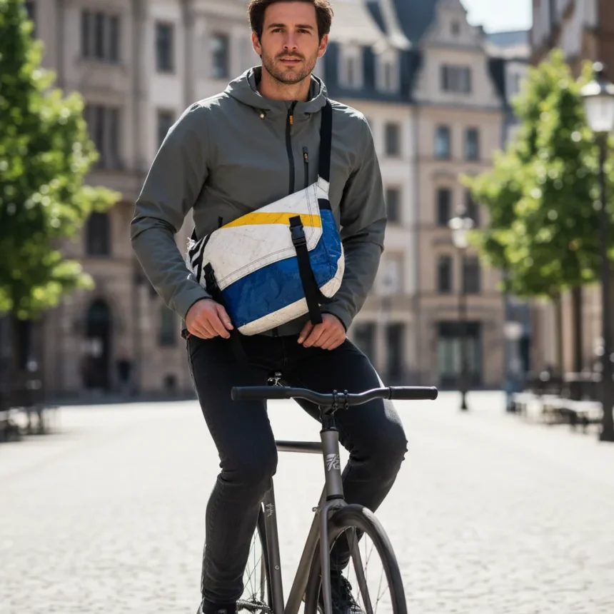 Freitag F141 Beryl proves upcycled cycling bags can be genuinely cool — AI-generated illustration