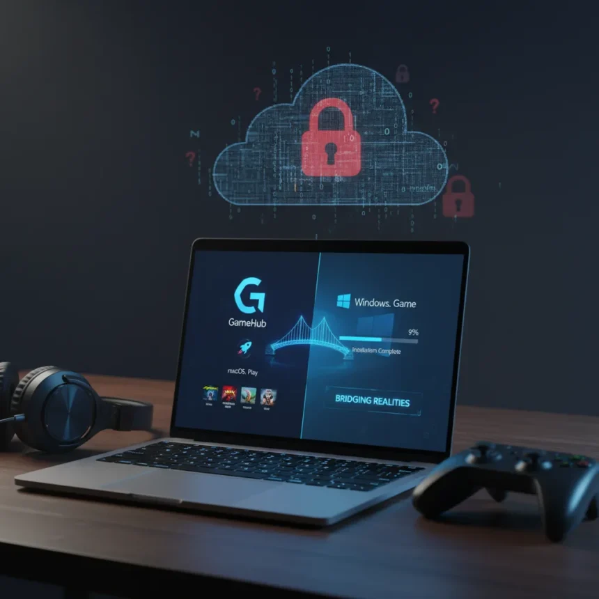 GameHub turns MacBook Pro gaming from impossible to playable — AI-generated illustration