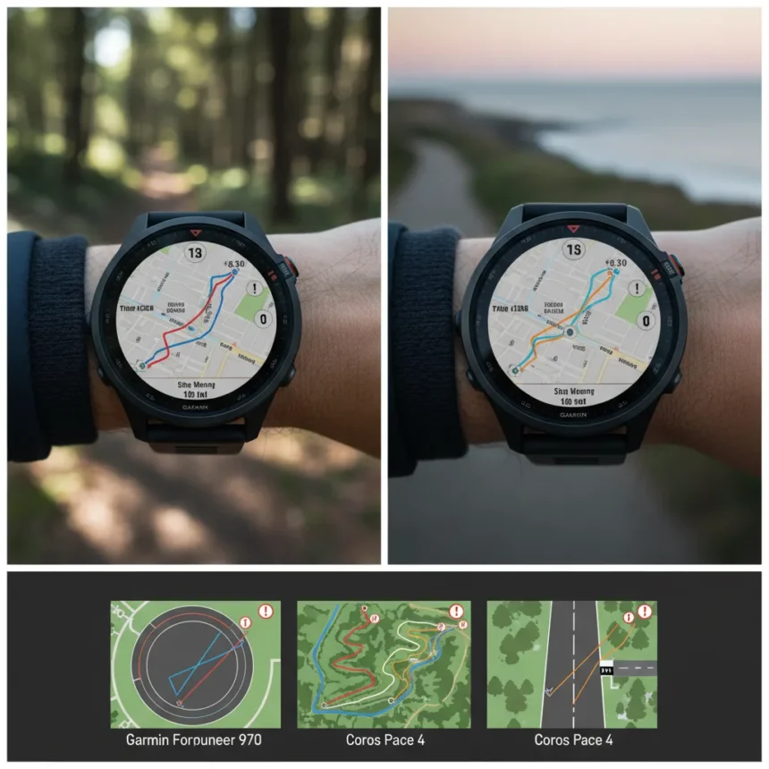 Garmin Forerunner 970 vs Coros Pace 4 GPS accuracy — AI-generated illustration