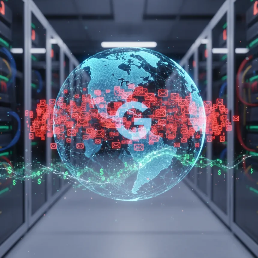 Free Gmail accounts fuel 46% of commercial spam globally — AI-generated illustration