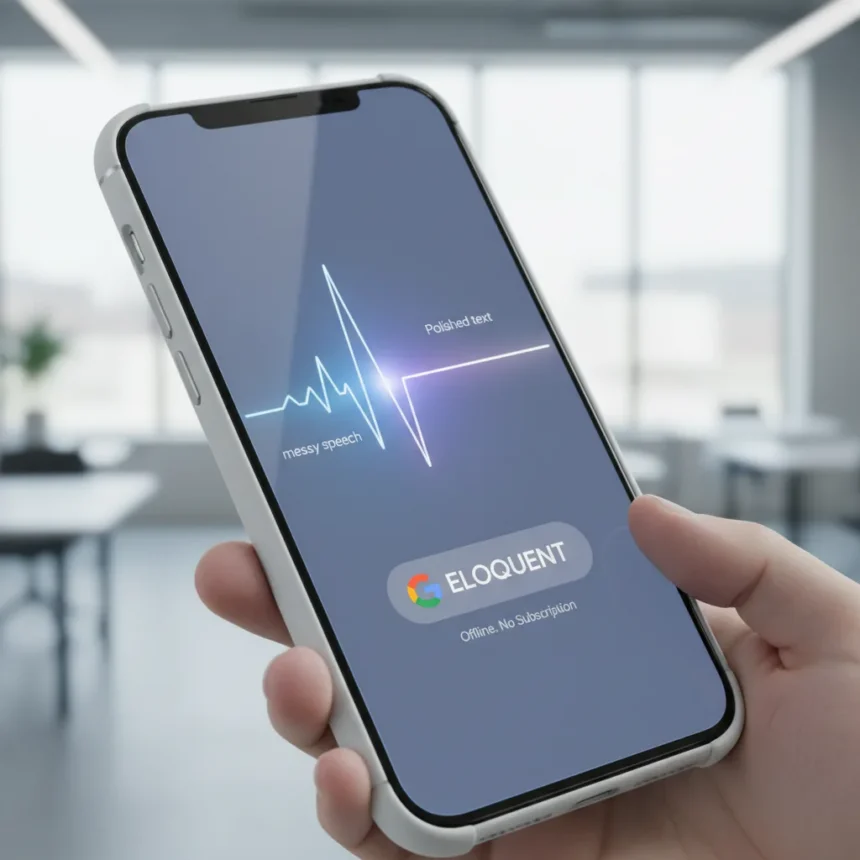 Google AI Edge Eloquent transforms messy speech into polished text offline — AI-generated illustration