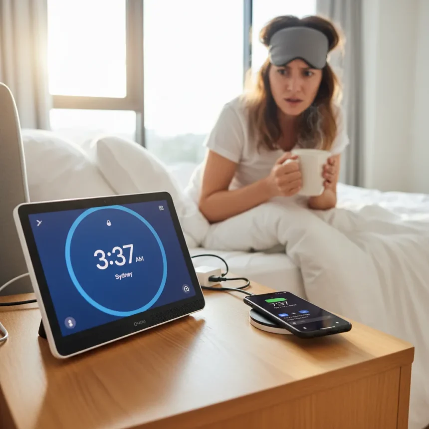 Google Nest Hub time zone bug breaks daily routines — AI-generated illustration
