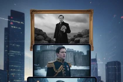 Hamlet reimagined: From stage to screen across decades — AI-generated illustration