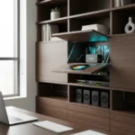 Hidden home lab setup declutters office with strategic gear placement