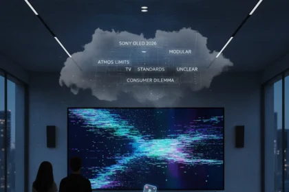 Home cinema faces a confusing 2026 as OLED and Atmos standards blur — AI-generated illustration