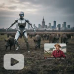 Humanoid robot chasing wild boars reveals AI's marketing problem — AI-generated illustration