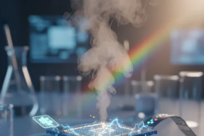 Hydrovoltaic nanoscale device generates power from evaporating water — AI-generated illustration