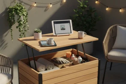 IKEA's $50 outdoor table storage solution crushes tiny patio clutter — AI-generated illustration
