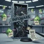 Infowars faces court-ordered liquidation as The Onion plots takeover — AI-generated illustration