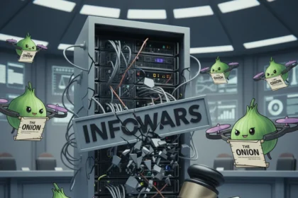 Infowars faces court-ordered liquidation as The Onion plots takeover — AI-generated illustration