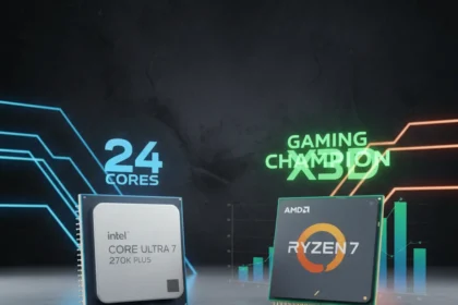 Intel Core Ultra 7 270K Plus vs Ryzen 7 7800X3D — AI-generated illustration