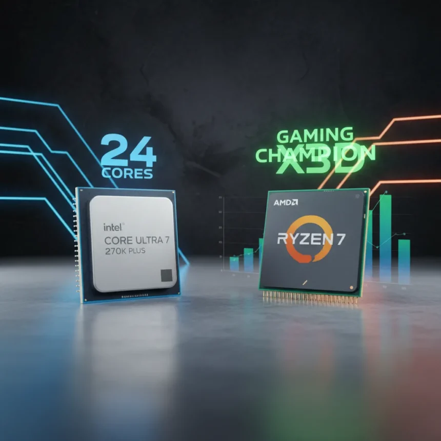 Intel Core Ultra 7 270K Plus vs Ryzen 7 7800X3D — AI-generated illustration