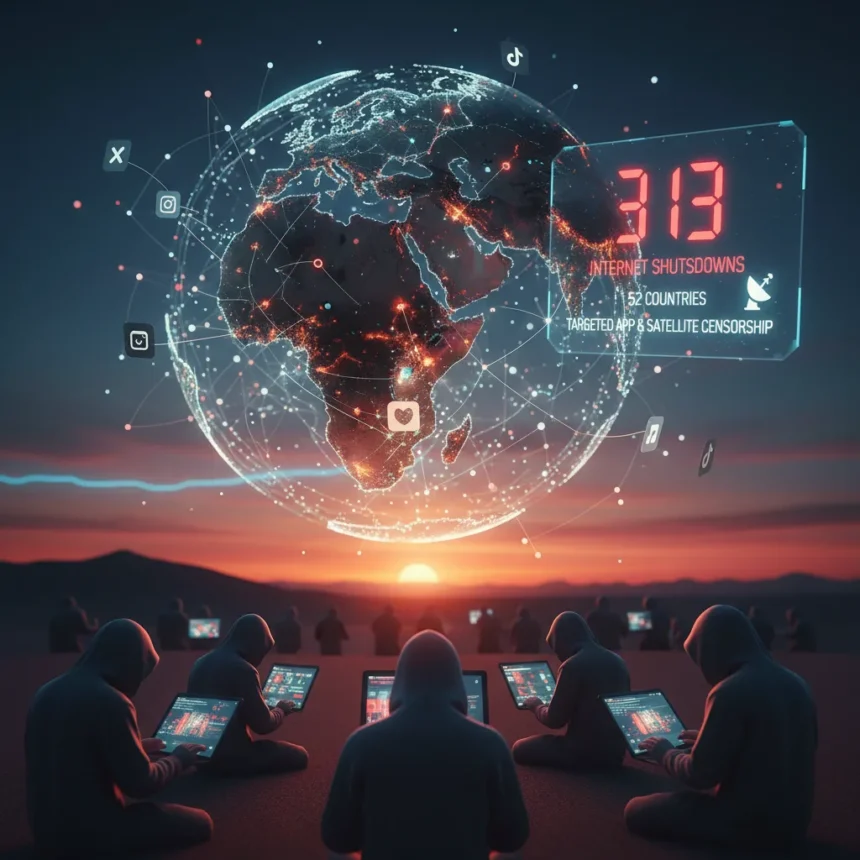 2025 internet shutdowns hit record 313 as censors shift tactics — AI-generated illustration