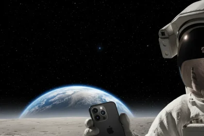 iPhone 17 Pro Max captures Earth setting behind moon during Artemis II — AI-generated illustration