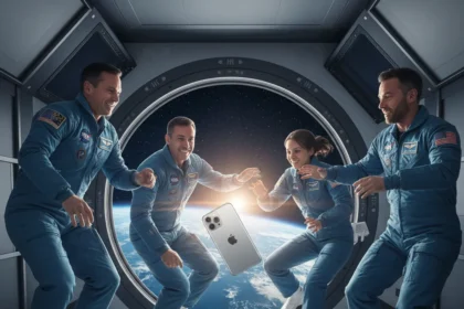 iPhone in space beats any foldable moment — AI-generated illustration