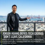 Jensen Huang Defies Tech Exodus: 'Don't Leave California' — AI-generated illustration