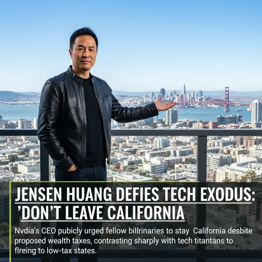 Jensen Huang Defies Tech Exodus: 'Don't Leave California' — AI-generated illustration