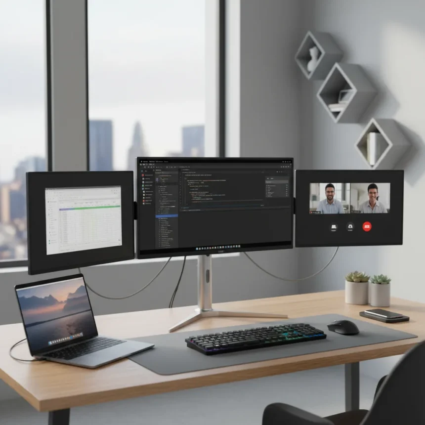 Lepow TriScreen Pro: Triple-Monitor Desk Setup in One Package — AI-generated illustration