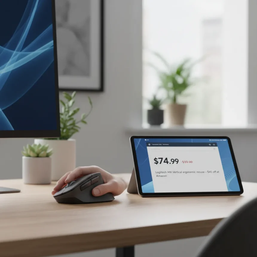Logitech MX Vertical ergonomic mouse drops to $74.99 — AI-generated illustration