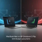 MacBook Neo vs HP Omnibook 5 Flip: Which $600 laptop wins — AI-generated illustration