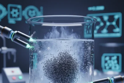 Magnetic microrobots tackle invisible plastic dust in drinking water — AI-generated illustration