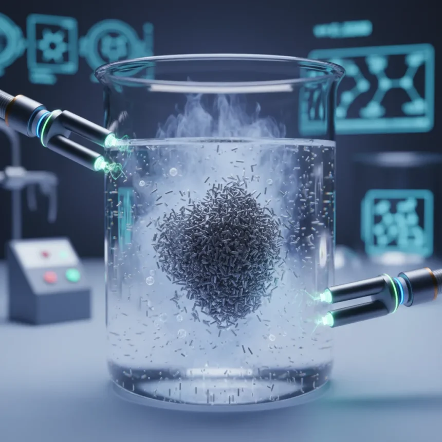 Magnetic microrobots tackle invisible plastic dust in drinking water — AI-generated illustration