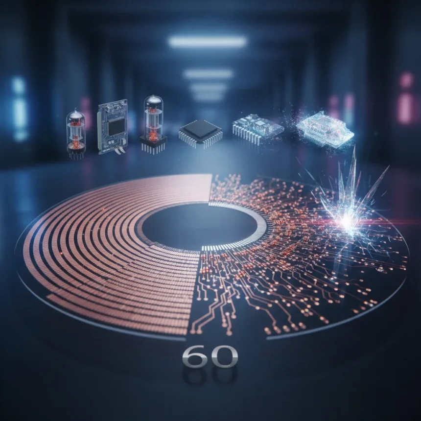 Moore's Law at 60: The Physics That Defined Computing — AI-generated illustration
