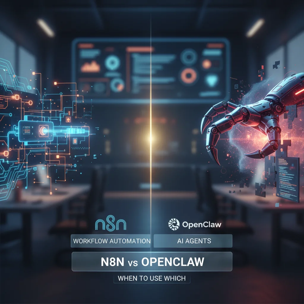 n8n vs OpenClaw: When to use workflow automation vs AI agents — AI-generated illustration