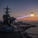 Navy's LOCUST laser weapon neutralizes drones from supercarrier — AI-generated illustration