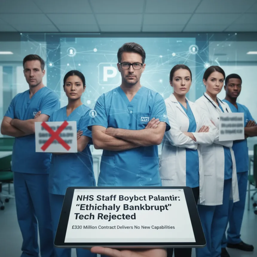NHS staff reject Palantir software over ethics and functionality — AI-generated illustration