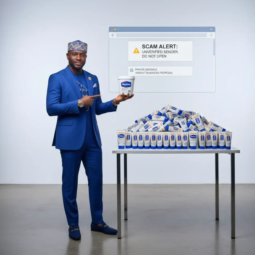 Nigerian Prince Scam Meets Fake Vaseline in Viral Ad Campaign — AI-generated illustration