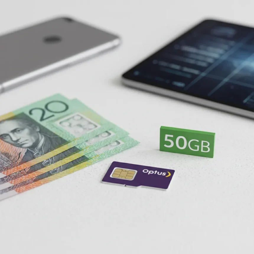 Optus SIM-plan discounts cut AU$15 monthly and add 50GB bonus — AI-generated illustration