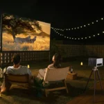 Couple enjoys a movie night outdoors.