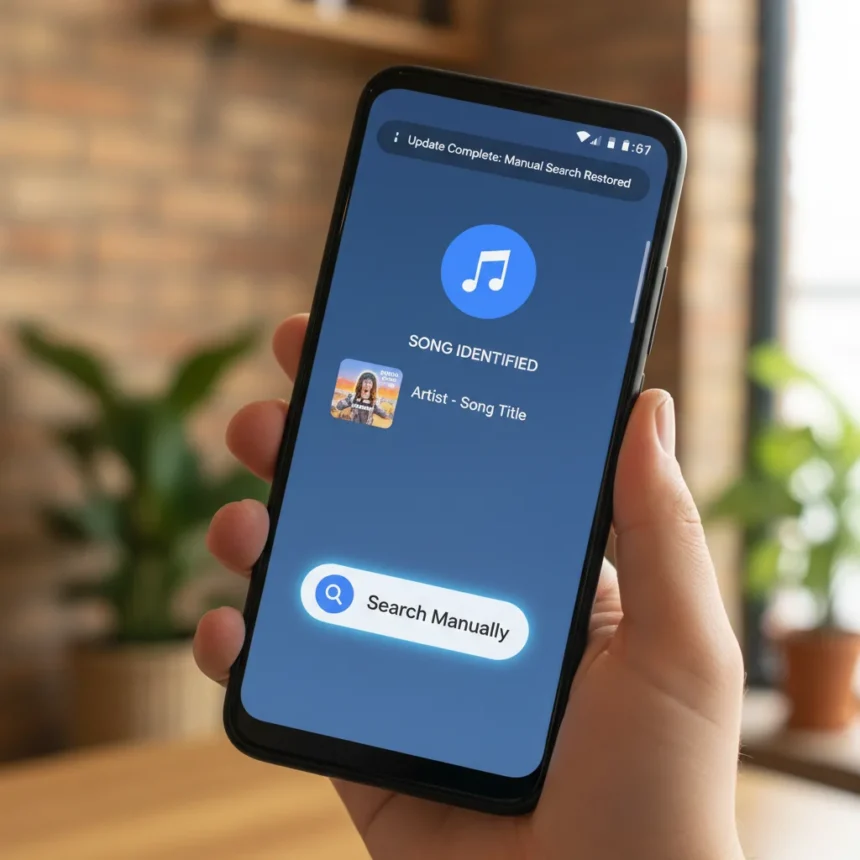 Google Pixel Now Playing app restores missing manual search button — AI-generated illustration