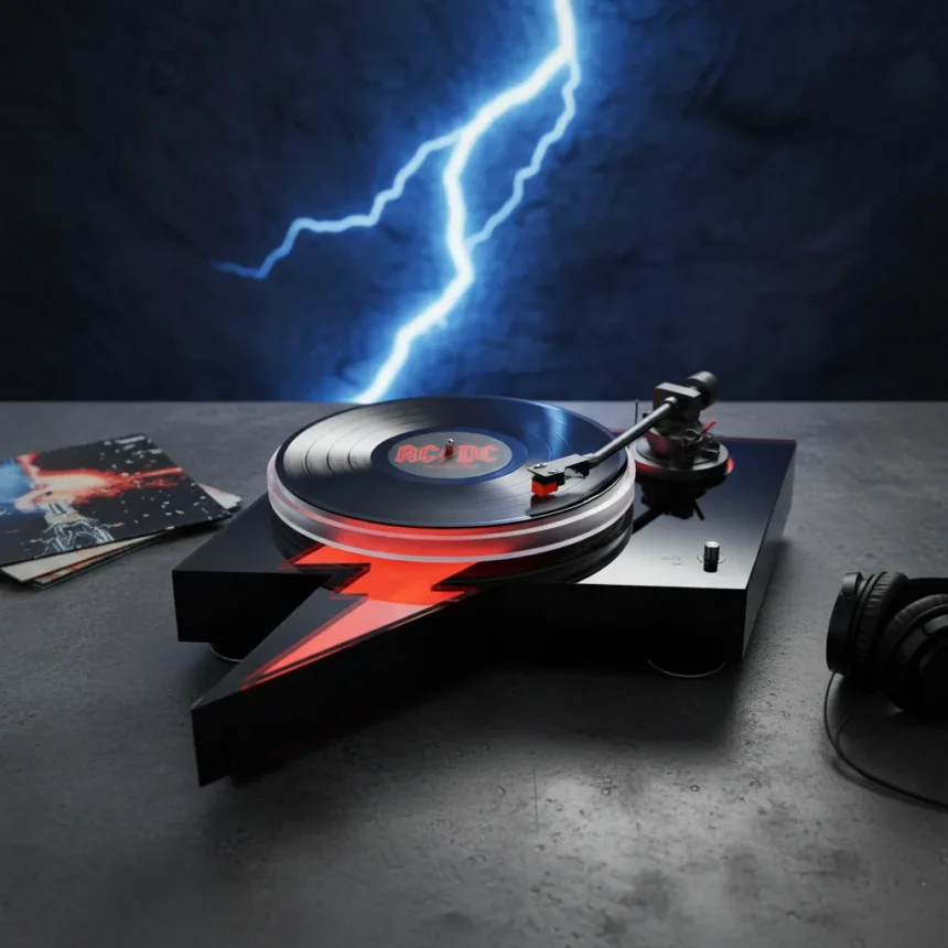 Pro-Ject AC/DC Turntable Rocks Vinyl with Lightning Bolt Design — AI-generated illustration